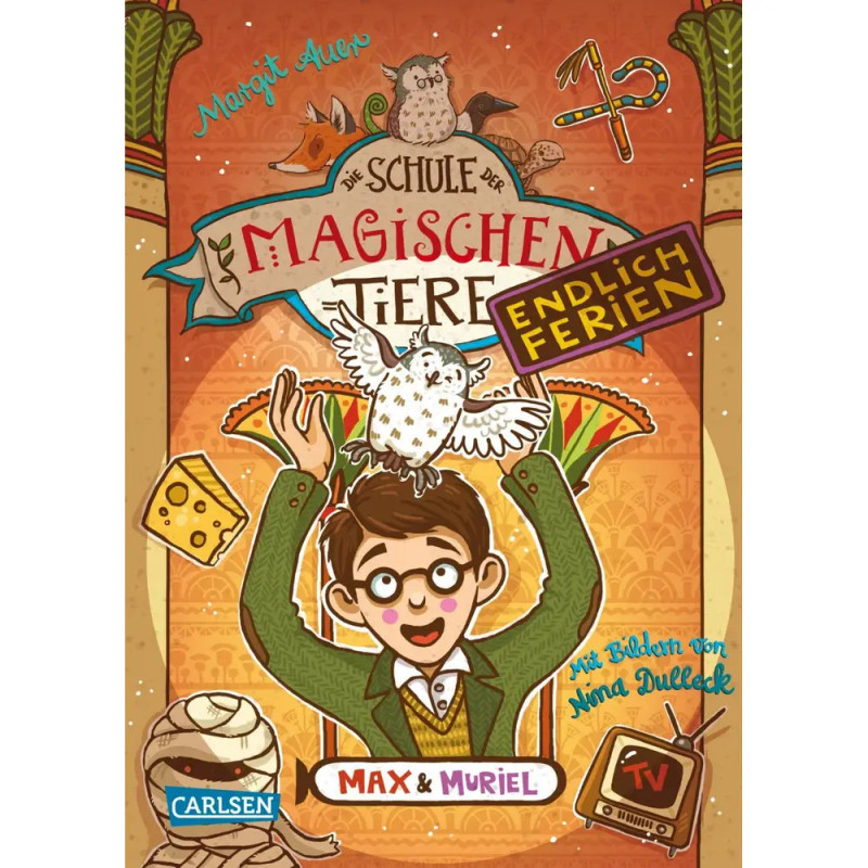 Buchcover: Junge mit Brille, Eule, bunter Deko und deutschem Text über magische Tiere. Buchcover: Junge mit Brille, Eule, bunter Deko und deutschem Text über magische Tiere.