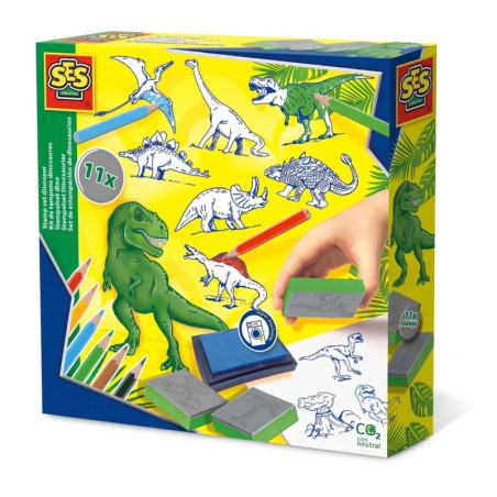 Dinosaurier-Malset mit Stempeln, Buntstiften und Dino-Skizzen auf der Verpackung.