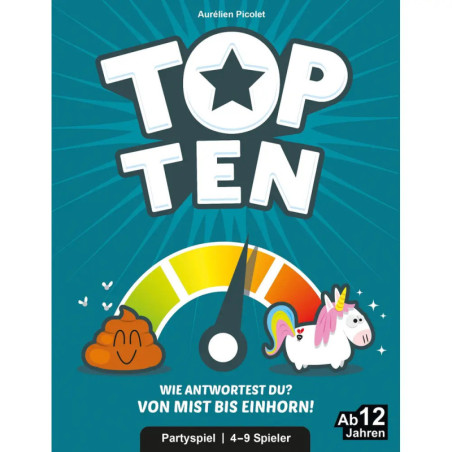 Top Ten Spielschachtel mit Kackhaufen-Emoji, Einhorn, Bewertungsanzeige und Infos zum Partyspiel.
