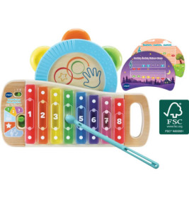 Buntes Spielzeug-Xylophon mit nummerierten Tasten, blauem Schlägel, Notenblättern und FSC-Zertifizierungslogo.
