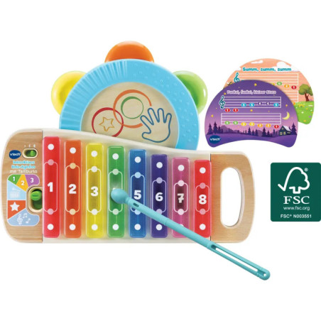 Buntes Spielzeug-Xylophon mit nummerierten Tasten, blauem Schlägel, Notenblättern und FSC-Zertifizierungslogo. Buntes Spielzeug-Xylophon mit nummerierten Tasten, blauem Schlägel, Notenblättern und FSC-Zertifizierungslogo.