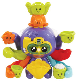 Farbiges VTech Musik-Oktopusspielzeug mit freundlichen Gesichtern und stapelbaren Bechern in Meerestierform.