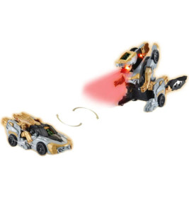 Ein Spielzeugauto verwandelt sich in einen Roboter-Dinosaurier und projiziert rotes Licht aus seinem Maul.