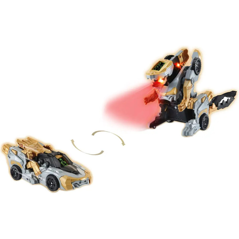 Ein Spielzeugauto verwandelt sich in einen Roboter-Dinosaurier und projiziert rotes Licht aus seinem Maul. Ein Spielzeugauto verwandelt sich in einen Roboter-Dinosaurier und projiziert rotes Licht aus seinem Maul.