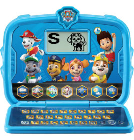 Blauer Paw Patrol Kinder-Laptop mit Comic-Hunden, LCD-Bildschirm zeigt Buchstabe S und Hundebild.