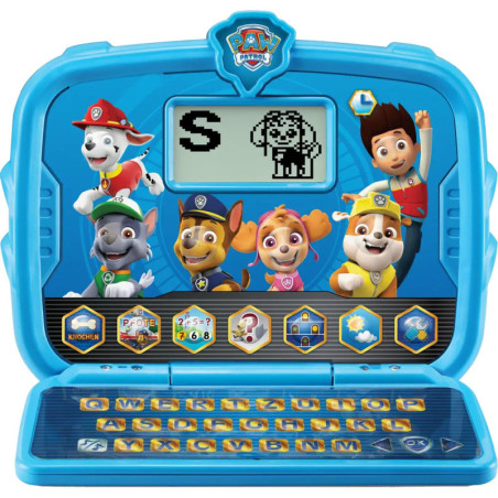 Blauer Paw Patrol Kinder-Laptop mit Comic-Hunden, LCD-Bildschirm zeigt Buchstabe S und Hundebild. Blauer Paw Patrol Kinder-Laptop mit Comic-Hunden, LCD-Bildschirm zeigt Buchstabe S und Hundebild.