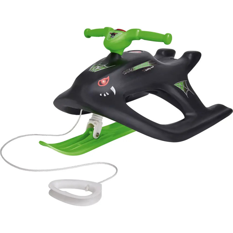 Schwarzer und grüner Kinderschlitten mit Lenkschiebern, Vorderski und Ziehseil.