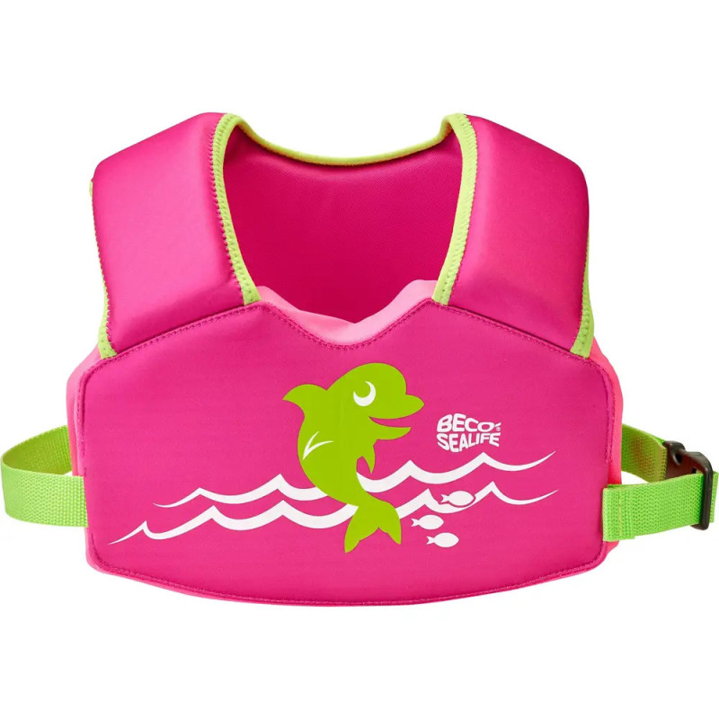 Rosa-grüne Kinder-Schwimmweste mit grünem Delfin-Motiv und kleinen Fischen auf der Vorderseite. Rosa-grüne Kinder-Schwimmweste mit grünem Delfin-Motiv und kleinen Fischen auf der Vorderseite.