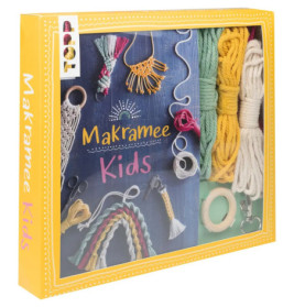 Gelbe Box mit Aufschrift Makramee Kids, darin bunte Makramee-Schnüre und Bastelmaterialien sichtbar.