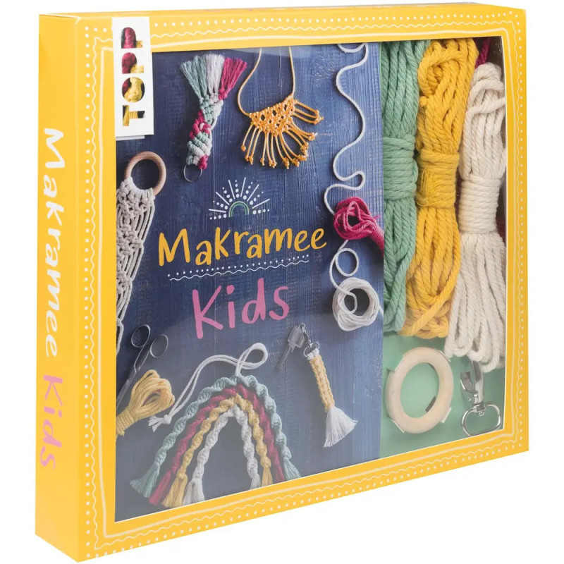 Gelbe Box mit Aufschrift Makramee Kids, darin bunte Makramee-Schnüre und Bastelmaterialien sichtbar.
