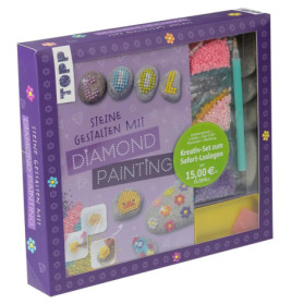 Lila Bastelset-Box zum Verzieren von Steinen mit bunten Perlen und Werkzeugen, Inhalt sichtbar.