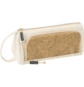 Beiges Etui mit Kork-Vordertasche, Stoffhenkel und Reißverschluss.