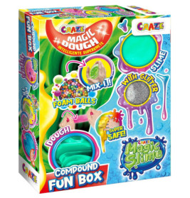 Colorful Craze Magic Dough Fun Box mit Schleim, Schaumkugeln und Glitzer, abgebildet mit verspielten Grafiken.