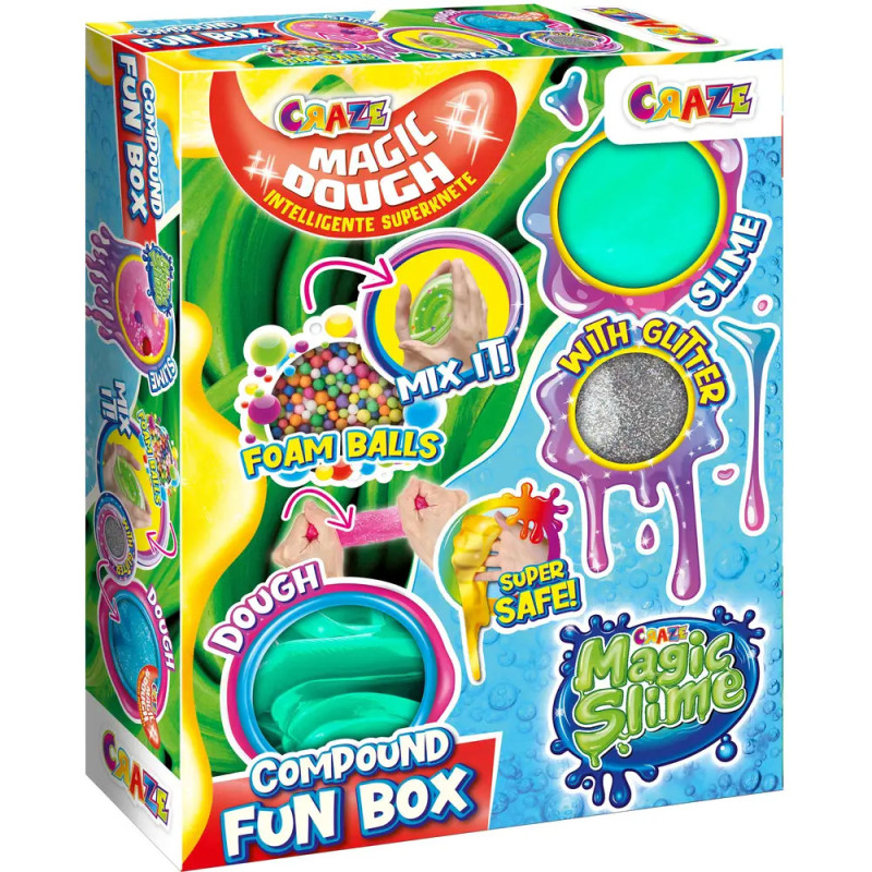 Colorful Craze Magic Dough Fun Box mit Schleim, Schaumkugeln und Glitzer, abgebildet mit verspielten Grafiken. Colorful Craze Magic Dough Fun Box mit Schleim, Schaumkugeln und Glitzer, abgebildet mit verspielten Grafiken.