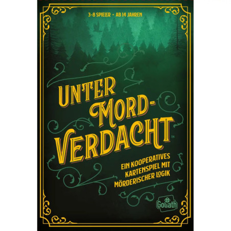 Grün-goldene Spielschachtel mit dem Titel Unter Mordverdacht, verziert mit Wald- und Wirbelmotiven. Grün-goldene Spielschachtel mit dem Titel Unter Mordverdacht, verziert mit Wald- und Wirbelmotiven.
