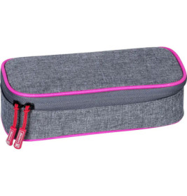 Graues Federmäppchen aus Stoff mit pinker Umrandung und zwei roten Zippern, rechteckig und geschlossen.
