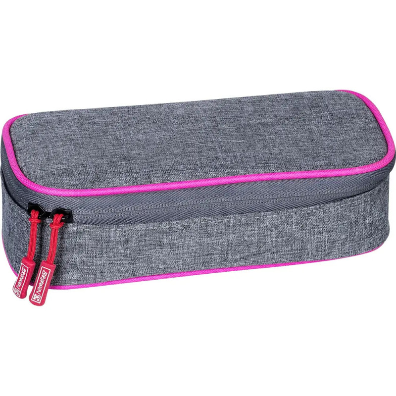 Graues Federmäppchen aus Stoff mit pinker Umrandung und zwei roten Zippern, rechteckig und geschlossen. Graues Federmäppchen aus Stoff mit pinker Umrandung und zwei roten Zippern, rechteckig und geschlossen.