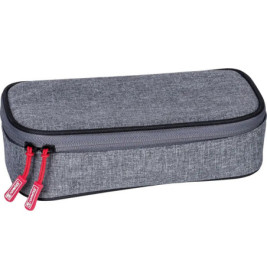 Rechteckiges graues Stoffmäppchen mit zwei roten Zippern, geschlossen und schräg von der Seite betrachtet.
