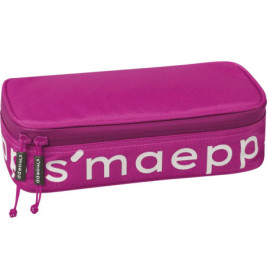 Rechteckiges pinkes Etui mit weißer Schrift und zwei Reißverschlüssen auf der linken Seite.