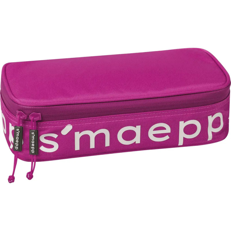 Rechteckiges pinkes Etui mit weißer Schrift und zwei Reißverschlüssen auf der linken Seite.