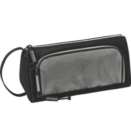 Schwarzes und graues rechteckiges Etui mit Reißverschluss, Netzvorderfach und seitlichem Griff.