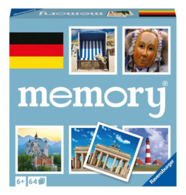 Blaue Ravensburger Memory-Spielbox mit deutschen Sehenswürdigkeiten, Flagge und traditionellen Masken auf dem Cover.