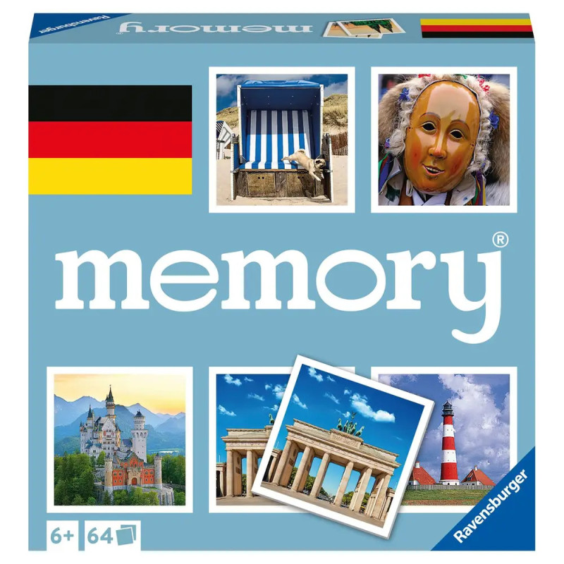 Blaue Ravensburger Memory-Spielbox mit deutschen Sehenswürdigkeiten, Flagge und traditionellen Masken auf dem Cover. Blaue Ravensburger Memory-Spielbox mit deutschen Sehenswürdigkeiten, Flagge und traditionellen Masken auf dem Cover.