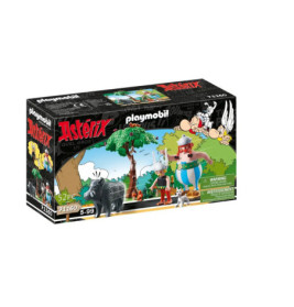 Playmobil Asterix-Spielset-Box mit Figuren, einem Baum und Tieren vor farbig illustriertem Hintergrund.