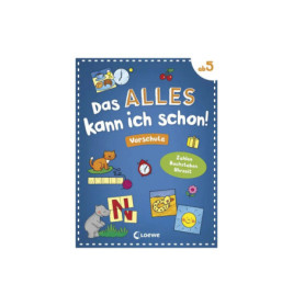 Blaues Vorschulheft auf Deutsch mit verspielten Zeichnungen und dem Titel: Das alles kann ich schon! Vorschule.
