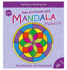 Buntes Mandala-Malbuch mit deutschem Text und lebendigem Design, geeignet für Kinder ab 5 Jahren.
