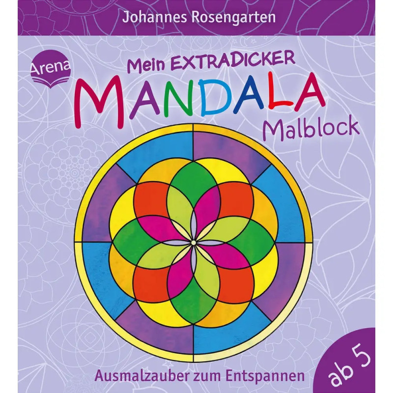 Buntes Mandala-Malbuch mit deutschem Text und lebendigem Design, geeignet für Kinder ab 5 Jahren.