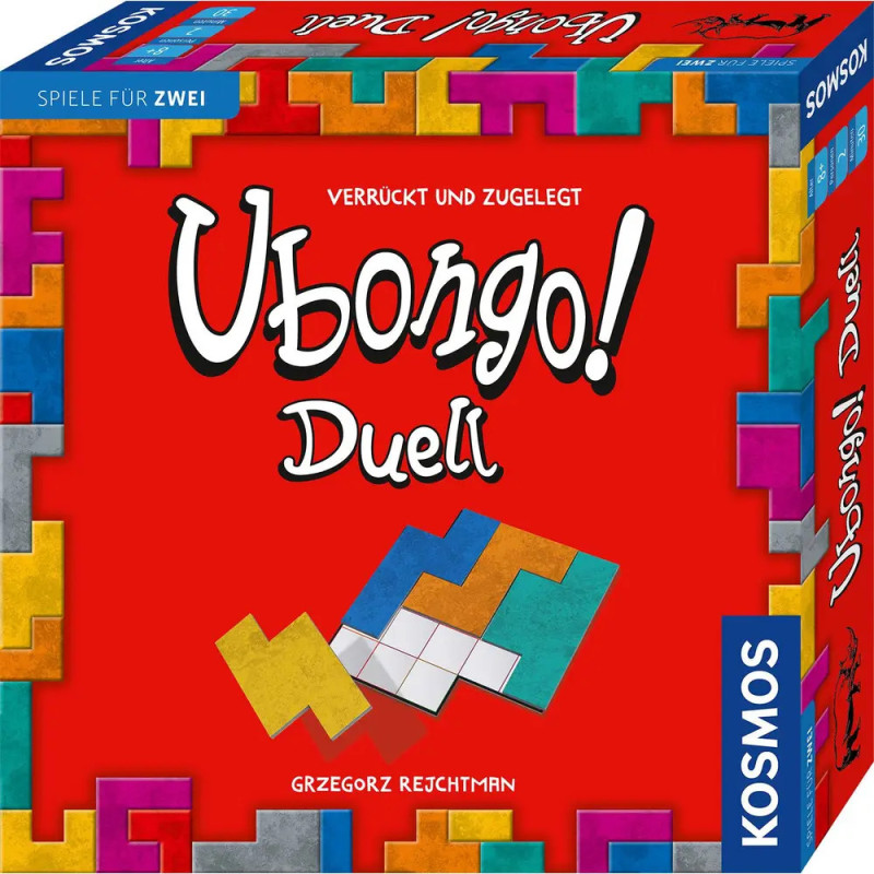 Rote Ubongo! Duell-Box mit bunten Puzzleteilen und deutscher Beschriftung. Rote Ubongo! Duell-Box mit bunten Puzzleteilen und deutscher Beschriftung.