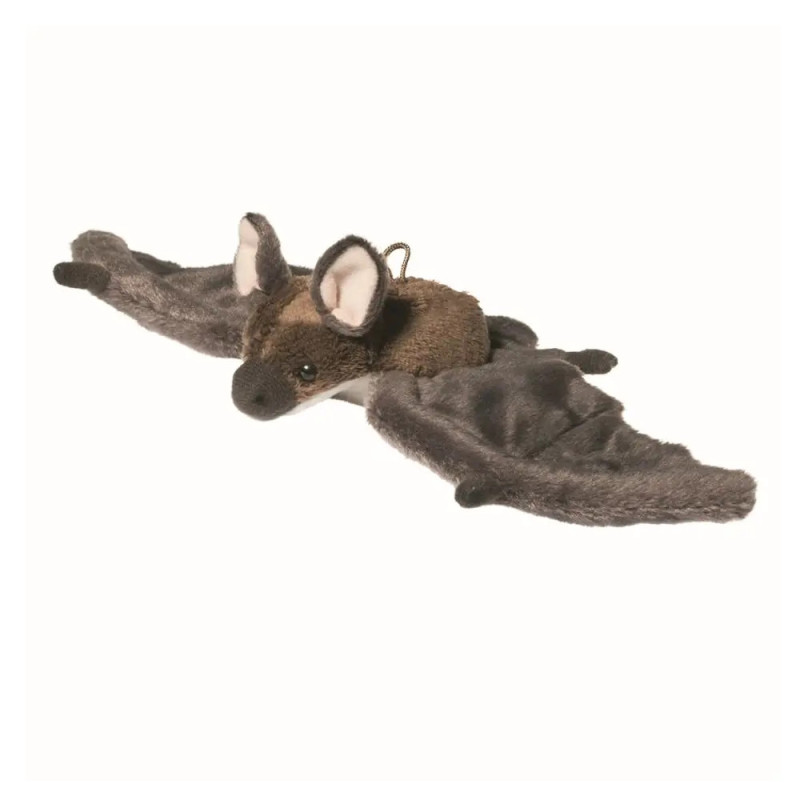 Eine Plüsch-Fledermaus mit ausgebreiteten Flügeln und großen Ohren aus weichem braun-schwarzem Stoff. Eine Plüsch-Fledermaus mit ausgebreiteten Flügeln und großen Ohren aus weichem braun-schwarzem Stoff.