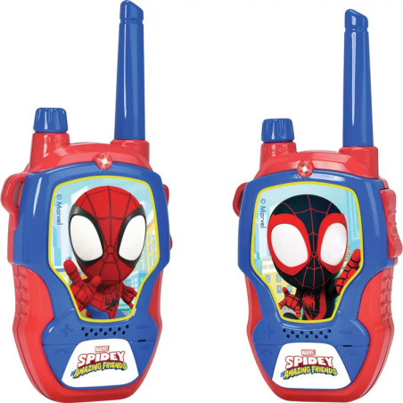Zwei bunte Spielzeug-Walkie-Talkies mit Spidey und Miles Morales aus Spidey und seine Super-Freunde. Zwei bunte Spielzeug-Walkie-Talkies mit Spidey und Miles Morales aus Spidey und seine Super-Freunde.