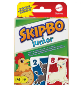 Skip-Bo Junior: Spielbox mit Tierkarten (Huhn, Esel, Lama), ab 5 Jahren, für 2-4 Spieler.