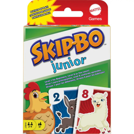 Skip-Bo Junior: Spielbox mit Tierkarten (Huhn, Esel, Lama), ab 5 Jahren, für 2-4 Spieler.