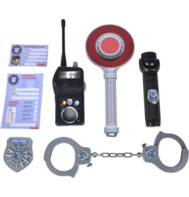 Kinder-Polizei-Spielset mit Handschellen, Abzeichen, Funkgerät, Taschenlampe, Stoppschild und Polizeidokumenten.