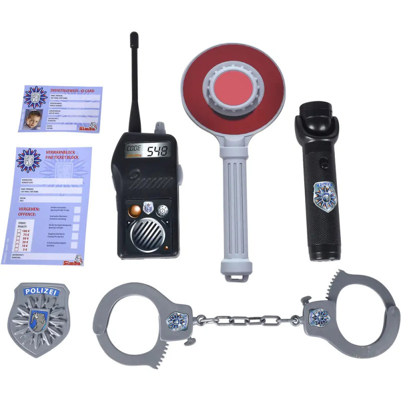 Kinder-Polizei-Spielset mit Handschellen, Abzeichen, Funkgerät, Taschenlampe, Stoppschild und Polizeidokumenten. Kinder-Polizei-Spielset mit Handschellen, Abzeichen, Funkgerät, Taschenlampe, Stoppschild und Polizeidokumenten.