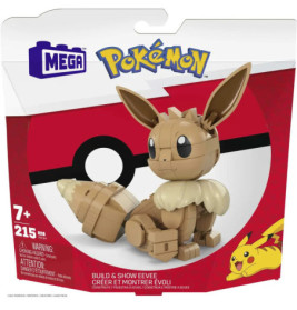 Mega Pokémon Eevee Bauset-Box mit zusammengebautem Eevee vor einer Pokéball-Grafik.