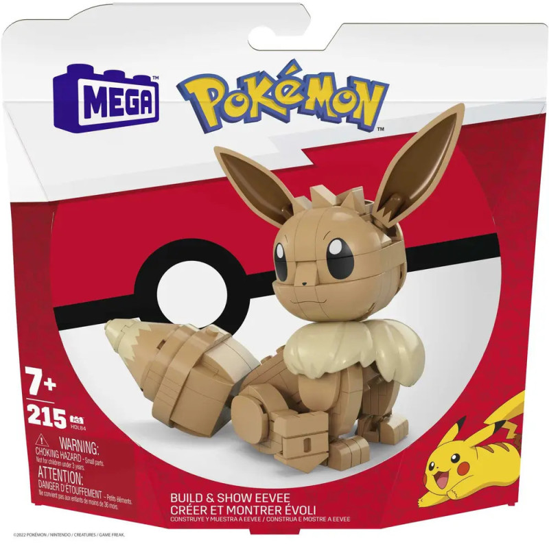 Mega Pokémon Eevee Bauset-Box mit zusammengebautem Eevee vor einer Pokéball-Grafik. Mega Pokémon Eevee Bauset-Box mit zusammengebautem Eevee vor einer Pokéball-Grafik.