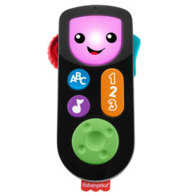 Bunter Fisher-Price-Spielzeug-Fernbedienung mit lachendem Gesicht, Tasten für ABC, 123, Musiknote und grünem Drehknopf.