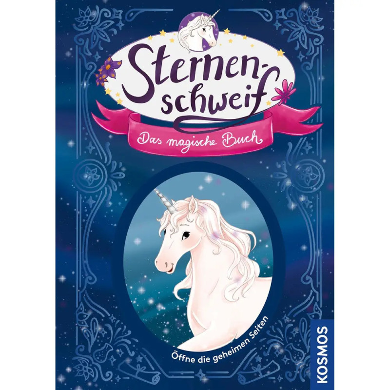 Buchcover mit weißem Einhorn vor sternenblauem Hintergrund und dem Titel Sternenschweif - Das magische Buch. Buchcover mit weißem Einhorn vor sternenblauem Hintergrund und dem Titel Sternenschweif - Das magische Buch.