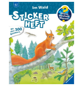 Stickerbuch-Cover mit rotem Eichhörnchen auf Ast, im Hintergrund weitere Waldtiere.