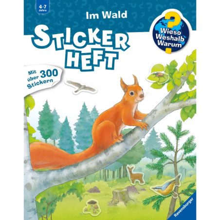 Stickerbuch-Cover mit rotem Eichhörnchen auf Ast, im Hintergrund weitere Waldtiere.