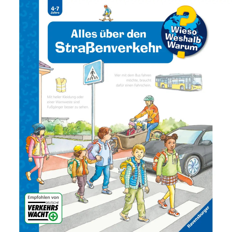 Illustration: Kinder und Erwachsene überqueren an einem Zebrastreifen die Straße, im Hintergrund Bus und Bäume.