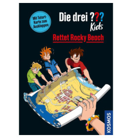 Drei Comic-Kinder betrachten eine Rocky Beach-Karte Buchcover: Die drei ??? Kids retten Rocky Beach.