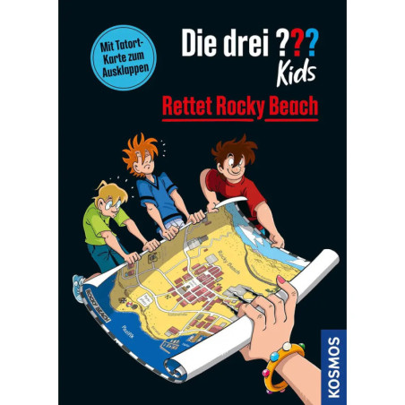Drei Comic-Kinder betrachten eine Rocky Beach-Karte Buchcover: Die drei ??? Kids retten Rocky Beach.