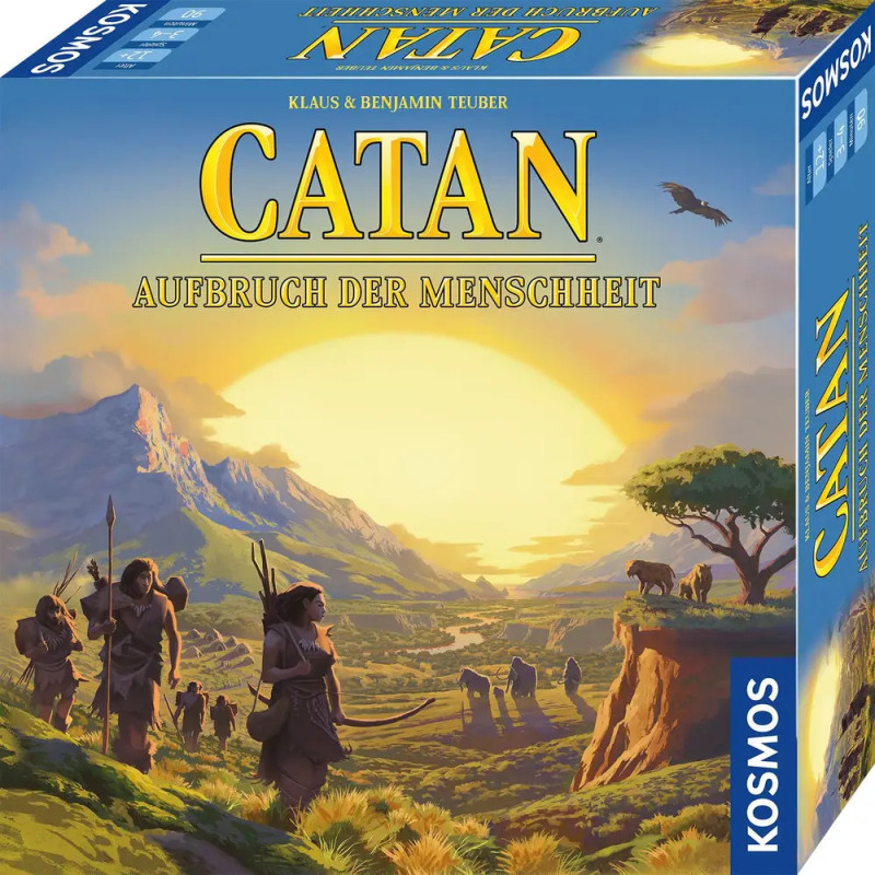 Catan-Spielbox mit prähistorischen Menschen in Landschaft bei Sonnenaufgang, Tieren und Kosmos-Logo. Catan-Spielbox mit prähistorischen Menschen in Landschaft bei Sonnenaufgang, Tieren und Kosmos-Logo.