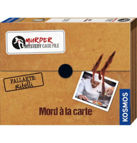 Spielschachtel Murder Mystery Case File: Mord à la carte mit Kochfoto und Kunstblutflecken.