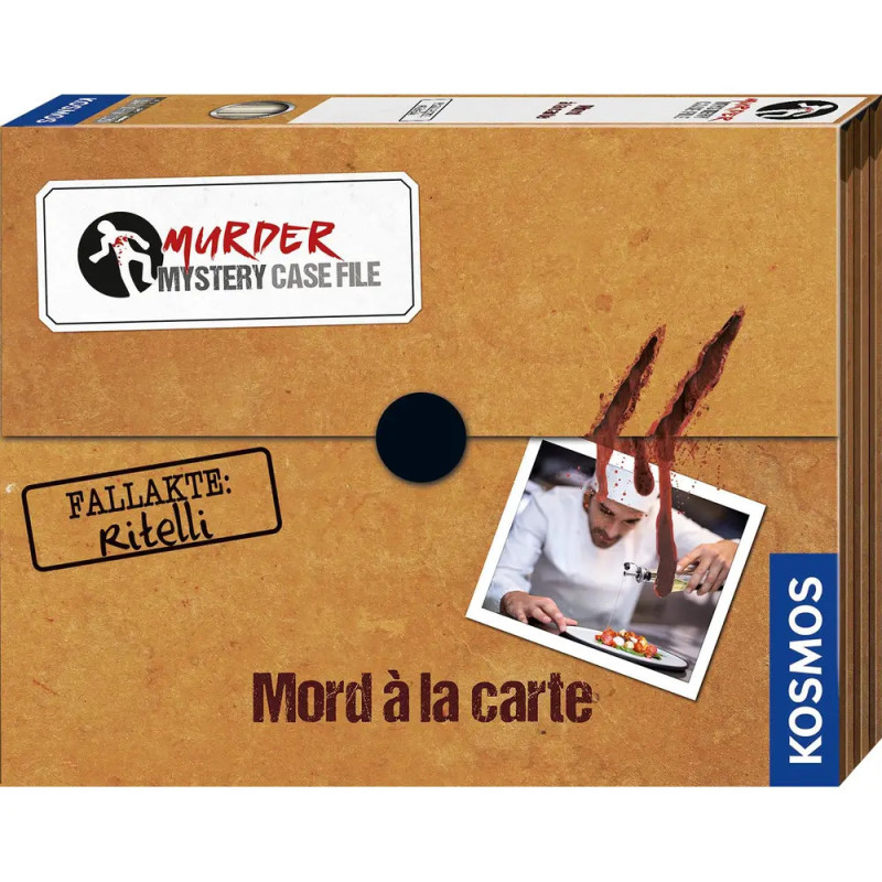 Spielschachtel Murder Mystery Case File: Mord à la carte mit Kochfoto und Kunstblutflecken. Spielschachtel Murder Mystery Case File: Mord à la carte mit Kochfoto und Kunstblutflecken.